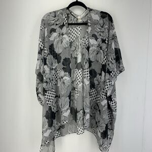 Kimono Cardigan Black White Floral Sheer Fairy Cottage Sheer Open Front Boho